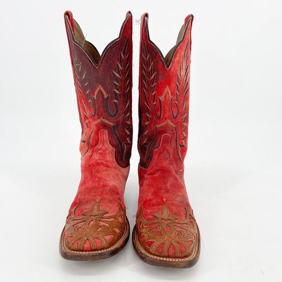 Lucchese Red Suede Hand Tooled Filigree Wingtip Square Toe Western Boot size 7.5 - Picture 6 of 12